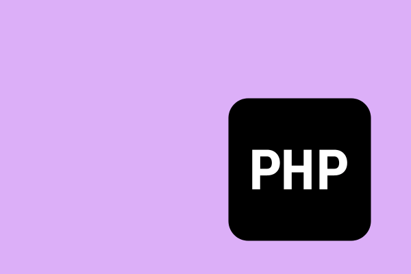 A black square with rounded corners contains the widely recognized “PHP” logo in white text, symbolizing the robust and secure foundation for web development. The square is situated on a light purple background, reminiscent of the platform's role in powering WordPress websites.