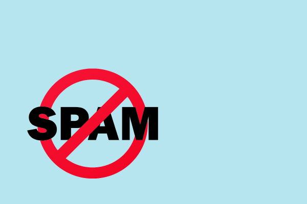 Red prohibition symbol overlaying the word "SPAM" on a light blue background, highlighting the importance of keeping WordPress secure by updating PHP.