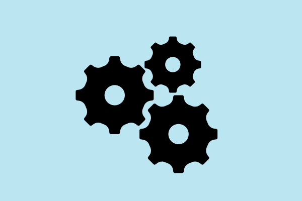 Three black gear icons interlocked on a light blue background, symbolizing a secure WordPress environment.