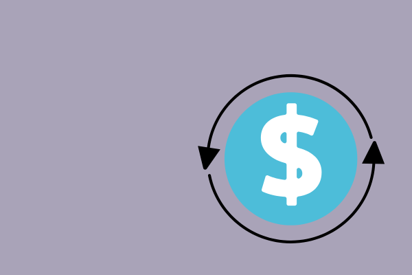 A dollar sign inside a blue circle, surrounded by a black circular arrow pointing clockwise, all set against a light purple background symbolizes the importance of regularly updating PHP for a secure WordPress site.