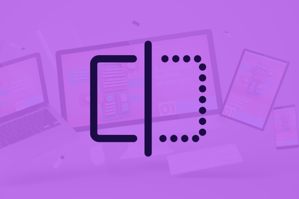A purple background with an abstract logo in the center, resembling an open book formed by a solid line and a dotted line. Behind the logo are blurred images of various digital devices displaying graphs.