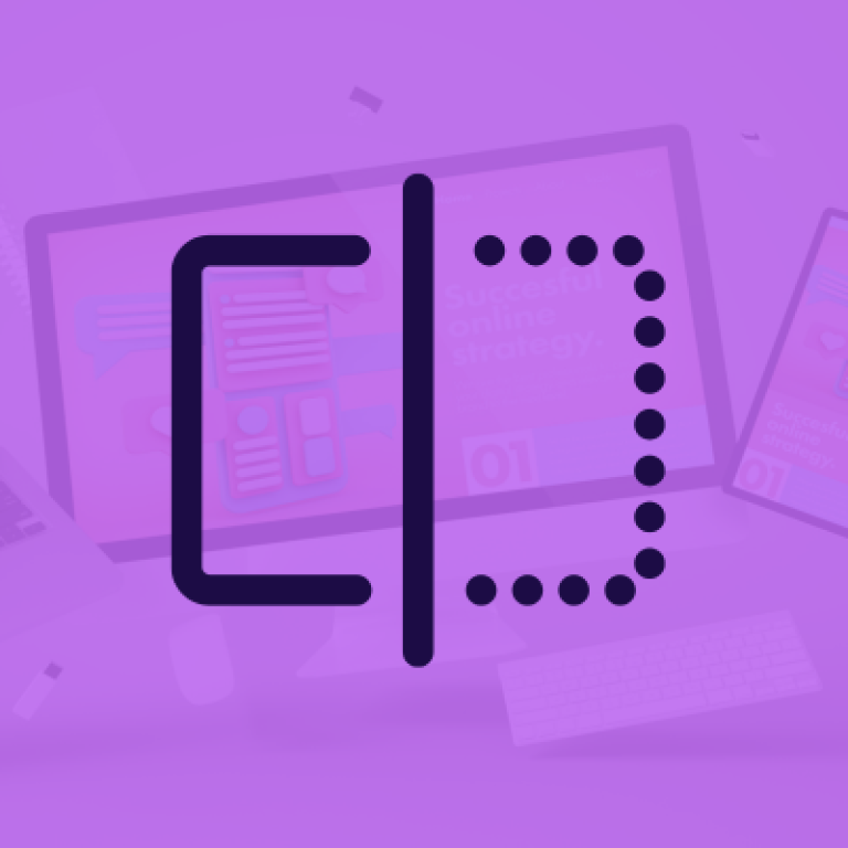 A purple background with an abstract logo in the center, resembling an open book formed by a solid line and a dotted line. Behind the logo are blurred images of various digital devices displaying graphs.