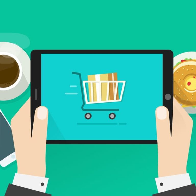 A person holds a tablet displaying an online shopping cart icon filled with boxes, symbolizing holiday success. Nearby, a cup of coffee, a plate with a burger, and a smartphone rest on the vibrant green background.